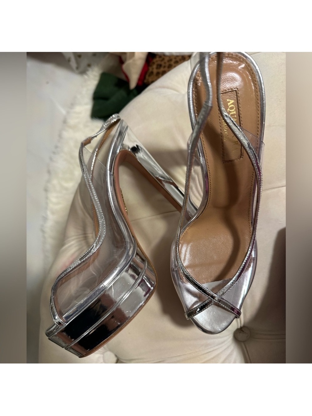 Aquazzura Silver Metallic Platform Slingback Heels